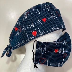Surgical cap with ties on back and matching mask